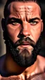 Placeholder: stunning extreme frontal close up photography of a 37 years old burly muscular marocan chubby ugly biker, sensual smile , shirtlesst, long hair, long beard, sitting in a pub , photorealistic, side light, ambient occlusion, frontal view, 80mm lens, sensual eyes