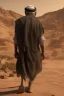 Placeholder: An old man wearing an Arabic keffiyeh, his back bent, walking barefoot, holding his cane upside down, looking back and holding his shoe in his hand.