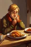 Placeholder: Agdon Longscarf eating Thanksgiving dinner alone, looking sad