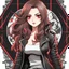 Placeholder: a full-body shot of a woman with long brown hair, red eyes, with a confident, 'bad girl' vibe, striking a pose, wearing black and red leather, ((Chibi anime style)), intricately detailed, detailed splash art background