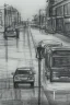 Placeholder: Pencil sketch of A car stops on an empty street, a traffic light, It's raining hard, night , houses on the side ، on lined paper