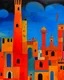 Placeholder: Orange colored towers in a Greek town in a lightning storm designed in Medieval tapestry painted by Joan Miro