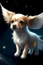 Placeholder: Draw a very realistic small dog with wings flying in space.