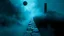Placeholder: passage over nothingness, surreal, dark and cold abstract artwork dominated by deep blue, icy cyan, charcoal black and muted steel-grey tones. An narrow passageway emerges from an abstract distorted weird landscape, surrounded by thick fog and drifting mist. The space feels nightmare, alien and unsettling, with tiny floating circles and lines geometric forms, black onix column fragmented and unnatural perspectives. At the center of the composition cracked stone way over abyss
