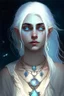 Placeholder: hauntingly beautiful character for dnd, young woman with white hair and blue eyes, angel, with moon necklace, dangs