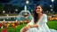 Placeholder: Hyper Realistic Photographic Close View Of Pakistani Pashto Young Woman [Age 24] Happily Sitting On A Beautiful Green Grass Wearing A Beautiful White Dress Inside (Delicate Necklace And A Diamond Ring) A Colorful Flower Garden Near A Water Pond With Water Fountain Between The Pond With Artist Street Lamps Surrounding The Pond At Dark Cloudy Full Moon Night Showing Dramatic And Cinematic Ambiance.