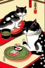 Placeholder: ukiyo-e style painting of two cats , sitting at a table, eating sushi