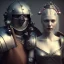 Placeholder: a cute smiling girl with her husband in medieval armor with a tattoo in her face, michelangelo style, steam punk, scary, horror, realistic, made in octane, cinematic, ultra-realistic, extremely detailed octane rendering, 8K, VRAY Super Real ar 2:3, dof photorealistic futuristic 50mm lens hard lighting dark gray tintype photograph, realistic lighting, sephia colors