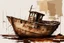 Placeholder: small fishing boat shipwreck on shore, wet ink paint, splash art, tint leak, absurd geometry, (weird:1.95), surreal, (crazy:2), (deconstruct:1.89), great verticals, great perpendiculars, bold warm rusty brown and drab and beige colors