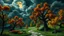 Placeholder: green park in the otherwise dark and oppressive land in faraway fairy tale village, orange, yellow, where the trees twisted like gnarled fingers and the skies brooded with stormy clouds, 8k, high quality, trending art, trending on artstation, sharp focus, studio photo, intricate details, highly detailed, by tim burton