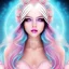 Placeholder: beautiful, soft, smiling face, whole head, long straight blonde hair blues eyes, crown on the head, clothing in transparent bluish and pink veil, background brillante bluish and pink,