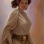 Placeholder: hyperspace background, complete and photo realistic detailed head to waist stunning photo realistic portrait of carrie fisher as Princess Leia in star wars with photo realistic updo hair by Mandy Jurgens and mucha and Richard Schmid and chuck close and chie yoshii, extraordinary and detailed ceremony dress of star wars,brown eyes