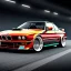 Placeholder: fullbody classic style concept BMW M1, 3/4 Front View, retro design study, classic steel wheels, toned colors, art by cheryl kelley