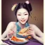 Placeholder: A happy sultry japanese girl eating a meal with her lover who is having an erection