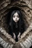 Placeholder: Closeup petit Girl goth with big eyes, fullbody, ragged clothes, extended like roots, the perspective looking up from the bottom of an empty well ,8k,macro photography,