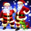 Placeholder: photograph, A giant frog is dressed as Santa Clause, large snowflakes fall