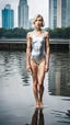 Placeholder: beautiful anorexic asian female, total shot, shiny silver triathlon swimsuit, short blond wavy bob hair, blurred city background