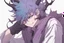 Placeholder: Young anime man with demon horns, fangs, messy purple hair and blue eyes