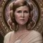 Placeholder: hyperspace background, complete and photo realistic detailed head to waist stunning photo realistic portrait of carrie fisher as Princess Leia in star wars with photo realistic updo by Mandy Jurgens and mucha and Richard Schmid and chuck close and chie yoshii, extraordinary and detailed ceremony dress of star wars,brown eyes