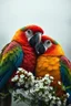 Placeholder: Extremely realistic photo of two colourful Parrots with white tiny flowers and green leaves , fog, general foul weather, (Rembrandt Lighting), zeiss lens, ultra realistic, (high detailed skin:1.2), 8k uhd, dslr, Dramatic Rim light, high quality, Fujifilm XT3, artwork in pale distressed tones , minimalistic approach, blends old world aesthetics art with elements of distressed painting and illustration, shadow play, high conceptuality, palette inspired by Charlene Mc Nally,