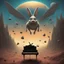 Placeholder: monochromatic black and white bugs bunny composer piano, diffrent planet, one swine pig piggy flying wasp angel, beksinski style daker theme