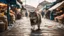 Placeholder: winter, Cinematic still of cat holding fish with paws, running away in a market. . Shallow depth of field, vignette, highly detailed, high budget, bokeh, Cinemascope, moody, epic, gorgeous, film grain, grainy