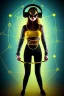 Placeholder: Realistic photograph. Geometric 3D tiling on the background, woman, Whip. Bronze color, Yellow, Black Cyan. Cyber-punk full-mask. Big old AKG headphones, golden rings & disc. Selfie both hands. Lightly armored, electronic circuit. Thick tights, thick calves, bend fell, wide hip, flat belly. Ancient artifact cables between. Perfect body. Matrix movie clothes, Silver leather area, tippet, latex. Wicked sneakers. Daft Punk, Tron Movie. Egyptian Haute Couture. 1990's. Light comes from right-front