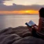 Placeholder: A person reading a book at beach just before sunset sitting on a rock . Draw a little fantasy theme image