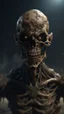 Placeholder: An evil creature with skull covered with thick layer of dark brown corrosion , standing , Bosch painting style , of a nightmare , hyper photorealistic, hyper detailed dark , high resolution, fog, octane render, tilt shift, 8k , a dark background