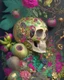 Placeholder: Mexican Skull Calavera, surrounded by poetic ornamental elements such as fruits, flowers, garlands of lights and native plants, colors Pink, Green, Gold and Black, 3D style, painting art, highly detailed, surrealist