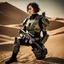 Placeholder: futuristic beautiful caucasian half cyborg female soldier, black metal body and limbs, scratched olive metal details, short brunette wavy bob haircut, dystopian, desert scene