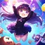 Placeholder: Clear focus,High resolution, Black long straight hair, and purple eyes, wearing a skirt,with stocking, with long boots on, Happy, Jumping, Loli