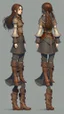 Placeholder: turnaround frontal view, side view and back view, character of a girl, realistic style, brown hair, she wears fantasy medieval clothes, she is slim, full body with boots