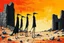Placeholder: ong-legged surreal lean black-grey figures with beak-shaped heads in overcoat, profile, semi-silhouettes among ramshackle ruins in a barren landscape of red, yellow, black and beige colors, intricate acrylic painting