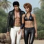 Placeholder: An extremely muscular young man who resembles Elvis Presley with pixie-cut black hair, wearing a black leather jacket and pants, standing next to a beautiful woman with auburn hair who resembles Raquel Welch, wearing a black two-piece bathing suit with a perfect shaped, stacked body, and a perfect face, 4k, 8k, 32k UHD, Hyper realistic, extremely colorful, vibrant, photorealistic, realistic, sharp, highly detailed, professional quality, beautiful, awesome, majestic,