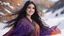 Placeholder: Hyper Realistic Close-up-face-view of a Beautiful Young Happy Pashto Girl with beautiful-eyes & long-black-hair smiling & wearing purple-&-orange-embroidery-dress-with-black-shawl whirling with breeze, tall-grass along with a thick-tree on mountain top & snowfall-day showing dramatic & cinematic ambiance