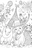 Placeholder: HAPPY NEW YEAR coloring page for kids, Party hats and streamers in an animal fiesta, thick outline, low details, no shading, no color