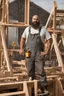 Placeholder: half figure shot photography of an ugly 44 year old stocky big chubby robust burly turkish carpenter working on the roof, dirty, wet, wearing bulging overalls, shirtless, hairy chest, serious, very virile, long beard, curly hair,, , in a sunny construction work area, photorealistic , photorealistic