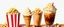 Placeholder: ice cream cones, sundaes, striped bag of popcorn, iced coffee drink with whipped topping. whimsical and delightful, digital painting on white