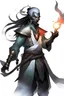 Placeholder: Male Air genasi fra d&d with black skin smoke some hair an Asian skin holding a smuldering spire