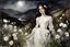 Placeholder: Night, one woman, white flowers, mountains, gothic horror films influence, john singer sargent watercolor paintings