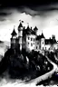 Placeholder: Watercolor black and white far away castle with a dark room little light lock roor on the right