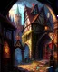 Placeholder: medieval fantasy cobblestone town with stained glass window buildings fairytale rpg art