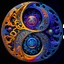 Placeholder: yin-Yang symbol, hyper detailed, photorealistic, hyper detailed, hyper defined, orange, azul, purple, yellow, DMT art