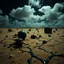 Placeholder: Photograph, objects scattered over an arid surface, night, clouds, tv studio, nothingness, spooky, close-up, in Yves Tanguy style, nightmare, highly hypermaximalist, details of the terrain very accentuated, 8k, deep 3d field, sharp, eerily mysterious, artistic photo, large format film, shot on Hasselblad, 33mm photography, mysterious, dark, rotten, macabre, streams of black liquid