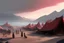 Placeholder: painting, landscape, artistic, illustration, artstation, black desert, black sand, bleak, pale red sky, large bustling camp, tigtly packed leather tents, vereshagin style