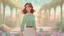 Placeholder: Cartoon style pixar style woman with medium length brown hair and green eyes wearing white long sleeves oversized button up and green tie in the style of soft dreamy pastel palette, pastel - colored scenes,