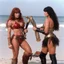 Placeholder: two women: Red Sonja and Xena presenting womanizer toys on the beach (1980)