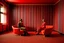 Placeholder: Un hombre vestido con traje, un hombre con pijama rojo, y una mujer vestida con traje, sentados en sillones, en una habitación de suelo de baldosas con líneas zigzagueantes, la habitación la recorre una gran cortina roja, fotografía realizada con cámara Leica y objetivo de 50 mm. Estilo serie de televisión Twin Peaks