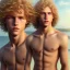 Placeholder: highly detailed, photorealistic, studio lights, full body image of a beautiful 12 year old boy with long, blonde curly hair and light blue eyes, smiling, shirtless, in front of an distant beach